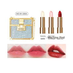 A set of three lipsticks in a glittery, chain-handled bag with swatches showing different finishes.