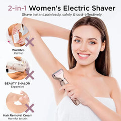 A woman uses a rose gold electric shaver on her underarm in this product advertisement.