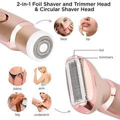 A rose gold electric shaver with interchangeable circular and foil trimmer heads for body hair.