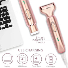 A rose gold electric hair remover for women with a USB charging cable and indicator light.