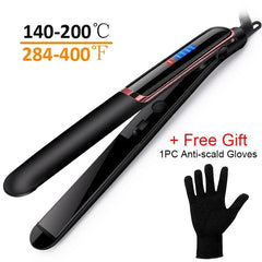 A black hair straightener with adjustable temperature settings and a protective glove.