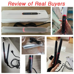 A black and red professional hair straightener with a digital temperature display.