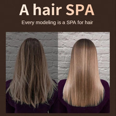 A split-screen image shows a person's hair before and after using a hair styling tool.