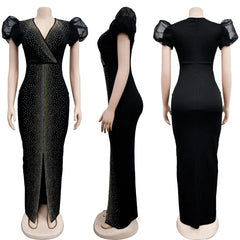 A black ankle-length bodycon dress with puff sleeves, a V-neck, and rhinestone embellishments.