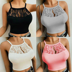Four women wearing slim-fit halter crop tops with lace detailing in black, grey, white, and pink.