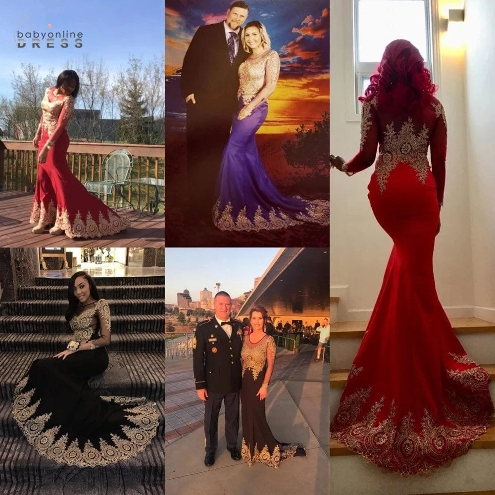 Purple Mermaid Prom Dresses Women Beaded Lace Applique Red Long Sleeve Backless Elegant Formal Evening Party Gown Robe De Soirée - SHOWLU FASHION STORE