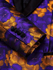 A purple and gold floral jacquard blazer featuring a black shawl lapel and buttoned cuffs.
