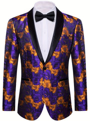 A purple and gold floral jacquard blazer featuring a black shawl lapel and a single button closure.
