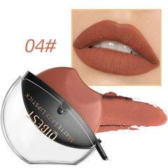 A lip-shaped Qibest matte lipstick in a warm terracotta shade with a matching color swatch.