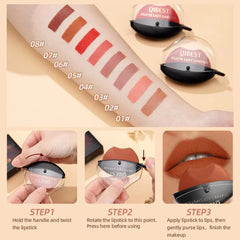 A lip-shaped matte lipstick shown with eight color swatches and instructions for application.