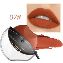 A lip-shaped matte lipstick in a warm terracotta shade with a matching swatch and lip application.