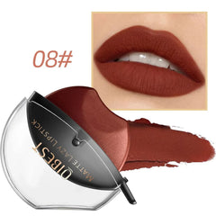 A lip-shaped matte lipstick in a deep reddish-brown shade with a matching color swatch.