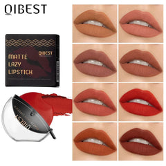 A QIBEST lip-shaped matte lipstick shown with its packaging and eight different shade swatches.