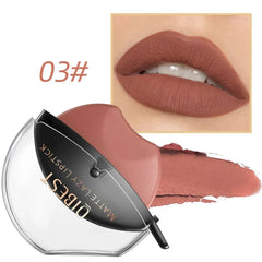 A lip-shaped matte lipstick in a muted rose shade with a matching swatch and lip application.