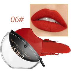 A lip-shaped QIBEST matte lipstick in shade 06 with a red swatch and a model wearing the color.