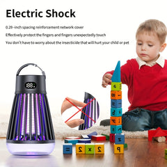A portable, rechargeable mosquito killer lamp with a protective grid and digital display.