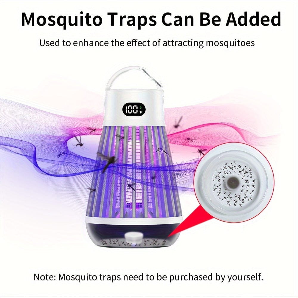 A portable rechargeable mosquito zapper lamp with a digital battery display and a lure tray.