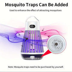 A portable rechargeable mosquito zapper lamp with a digital battery display and a lure tray.