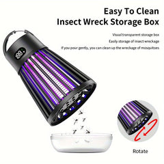 A portable mosquito zapper with a digital display and a detachable base for easy cleaning.