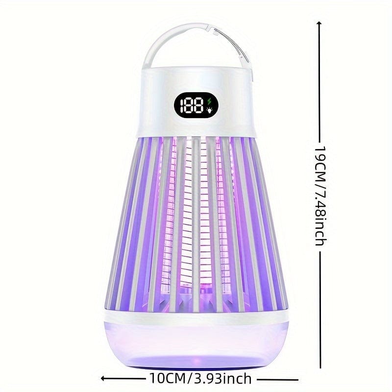 A portable, white, cone-shaped mosquito zapper lamp with a digital battery display.