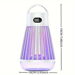 A portable, white, cone-shaped mosquito zapper lamp with a digital battery display.