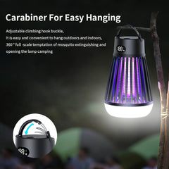 A portable, rechargeable mosquito zapper lamp with a hanging hook and digital battery display.