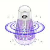 A portable, rechargeable mosquito zapper lamp with a digital display and purple light.