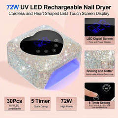 A heart-shaped, rhinestone-covered rechargeable nail lamp with a digital touchscreen display.