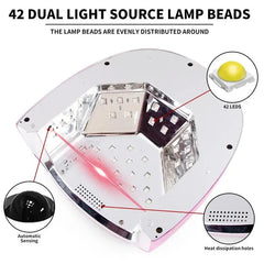 A professional UV nail lamp with 42 LED beads, automatic sensing, and heat dissipation holes.