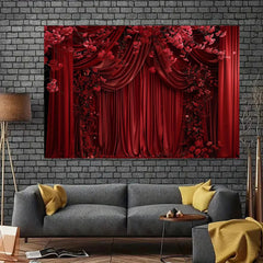 A wall art print featuring a red curtain backdrop adorned with floral accents.
