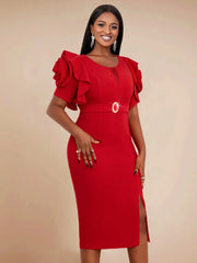 Red Midi Party Dresses O Neck Exaggerated Petal Sleeves High Waist with Belt Package Hip Women Birthday Celebrity Evening Dress - SHOWLU FASHION STORE