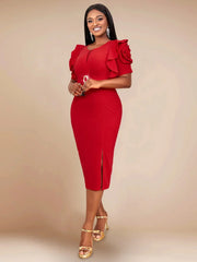 Red Midi Party Dresses O Neck Exaggerated Petal Sleeves High Waist with Belt Package Hip Women Birthday Celebrity Evening Dress - SHOWLU FASHION STORE