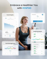 A woman sits on the floor looking at a smartphone displaying Renpho smart scale app data.