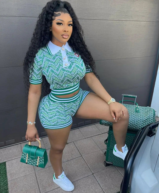 Retro Casual 2 Piece Sets Womens Outfits Spring Summer Digital Print Turn Down Collar Short Top+ Ribbed High - waisted Shorts Sets - SHOWLU FASHION STORE