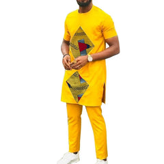 Rhombus Print Patchwork Men's Top Sets Yellow Cotton African Suits Male Outfits T Shirts With Pants Wedding Garment Customized - SHOWLU FASHION STORE