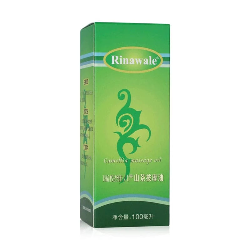 A rectangular box of Rinawale Camellia massage oil in 100ml packaging.