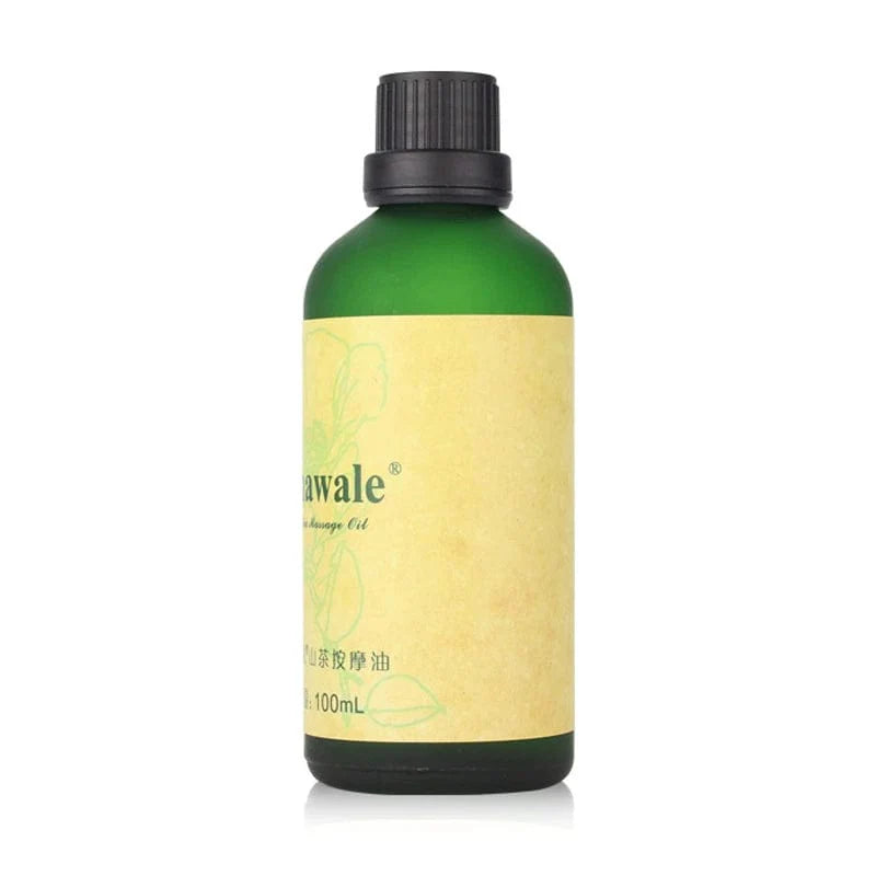 A 100ml bottle of Rinawale Camellia massage oil in a green glass container with a black cap.