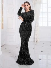 Romagic Elegant Women Modest Stretch Sequin Royal Blue Wedding Prom Gown Long Sleeves Mermaid Formal Evening Party Dress 2024 - SHOWLU FASHION STORE