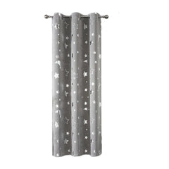 A grey blackout curtain panel featuring a silver star and moon print with metal grommets.