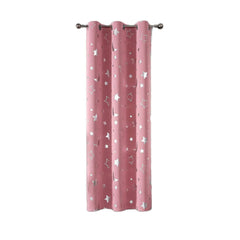 A pink blackout curtain panel featuring a silver star and moon print with metal grommets.
