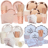 A rose gold disposable party tableware set featuring plates, cups, napkins, and paper straws.