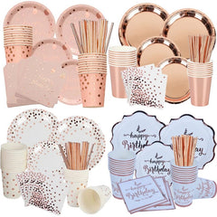 A rose gold disposable party tableware set featuring plates, cups, napkins, and paper straws.