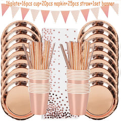 A rose gold disposable party tableware set featuring plates, cups, napkins, straws, and a banner.