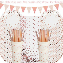 A rose gold party tableware set featuring plates, cups, napkins, straws, and a banner.
