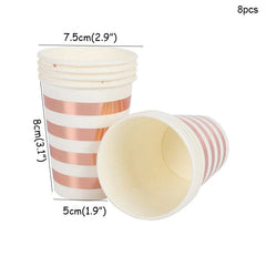 A set of eight disposable paper cups featuring a white and rose gold striped pattern.