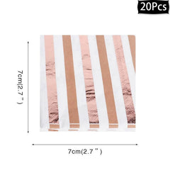 A square paper napkin with a rose gold and white striped pattern measuring seven centimeters.