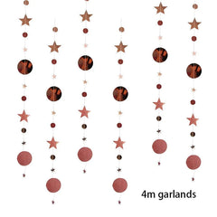 Six vertical rose gold garlands featuring alternating glittery stars and circles.