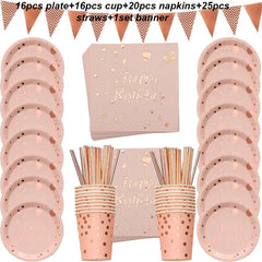 A rose gold birthday party tableware set featuring plates, cups, napkins, straws, and a banner.