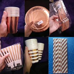 A set of rose gold and white disposable party tableware including cups, plates, and straws.
