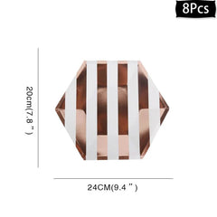 A hexagonal paper plate with a rose gold and white striped pattern.